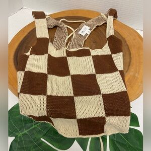 Le Lis Checkered Knit Tank with Lace Up Back